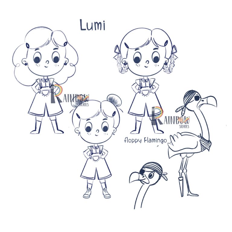 Character sketch sheet for a children’s book showing Lumi in several poses alongside a flamingo character