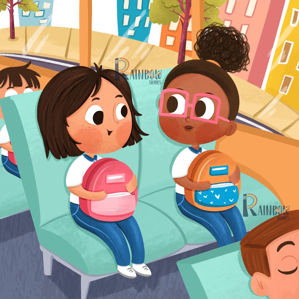 Children’s book illustration of two girls sitting together on a school bus with their backpacks on their laps