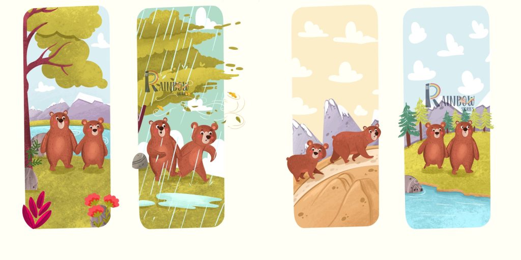 Four-panel children’s book illustration following bears through autumn leaves, rain, mountains and open water