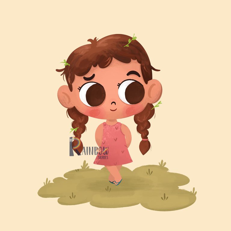 Character design for a children’s book showing a girl with plaits in a pink dress standing on the grass