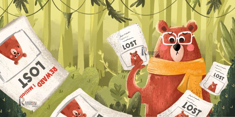 Children’s book spread of a forest hung with Lost posters, a bear in a scarf standing among them