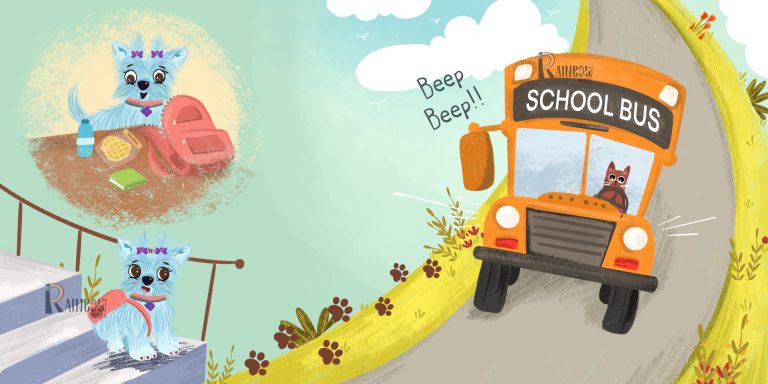 Children’s book spread of a yellow school bus pulling up while a small cat waits at the kerb with a rose
