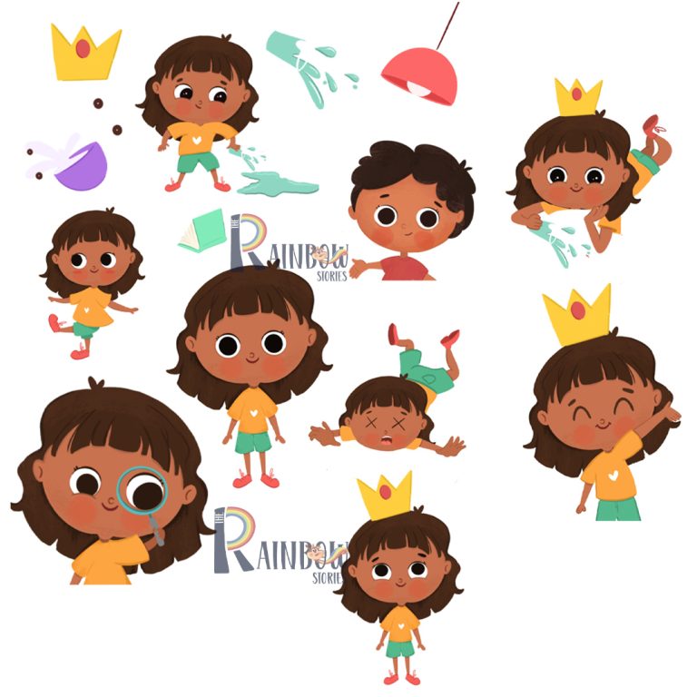 Character expression sheet for a children’s book showing a girl in a gold crown in a dozen poses