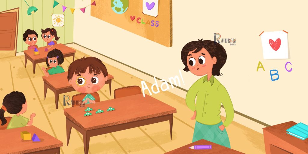 Children’s book spread of a classroom with children working at their desks and a teacher walking between them