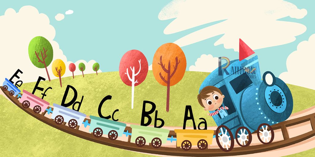 Children’s book cover illustration of a blue train pulling carriages lettered A, B, C, D, E and F through the hills
