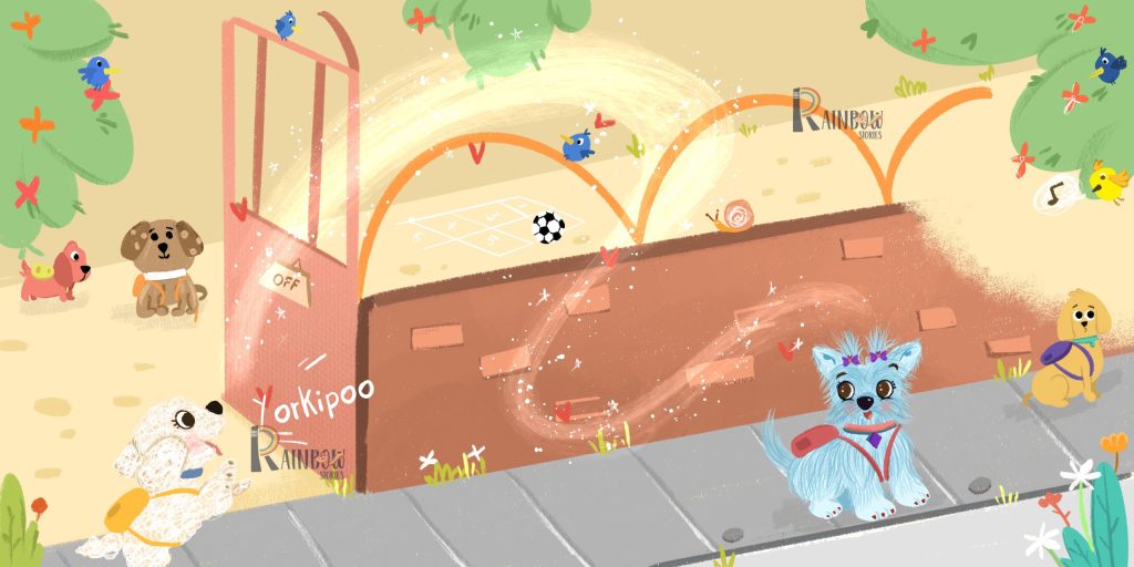 Children’s book spread of a school playground with arches and a small dog wandering across it