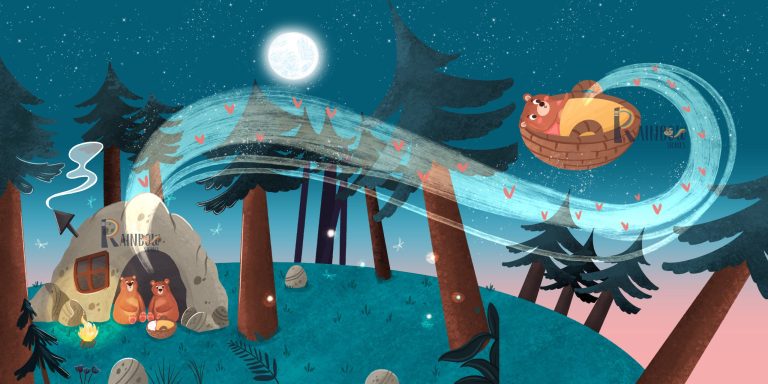 Children’s book spread of a campfire by the trees at night as a bear rides a glowing wave beneath a full moon