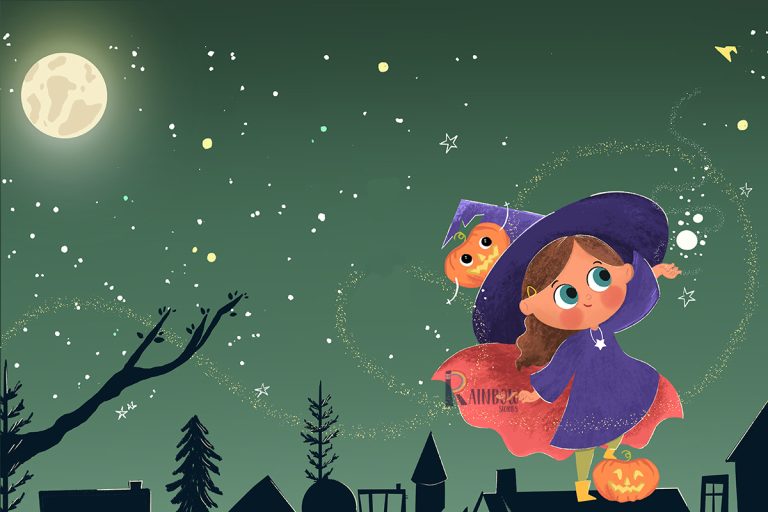Children’s book cover illustration of a girl in a witch costume carrying a pumpkin under a full moon