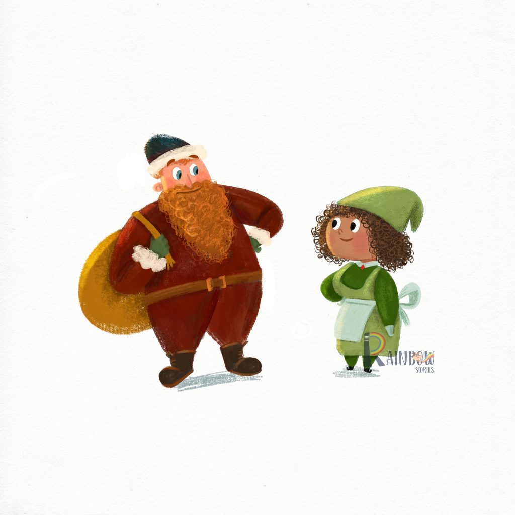Character design for a children’s book showing a bearded man in a red coat carrying a sack beside a girl in a green hood