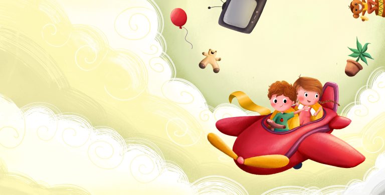 Children’s book cover illustration of two children flying a small red plane across a pale sky