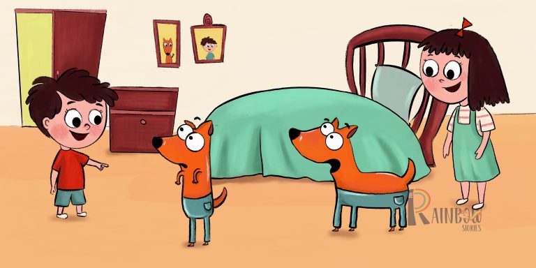 Children’s book illustration of two children and a dog hiding under a blanket on an armchair in the living room