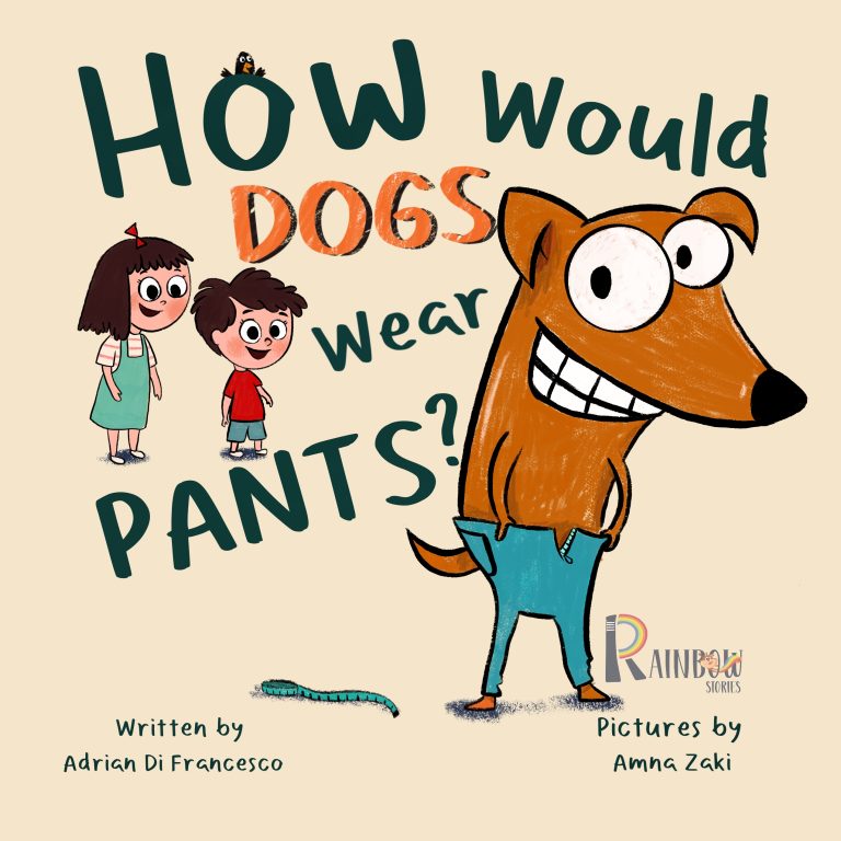 Children’s book cover illustration for How Would Dogs Wear Pants?, showing a grinning dog in blue jeans with two children