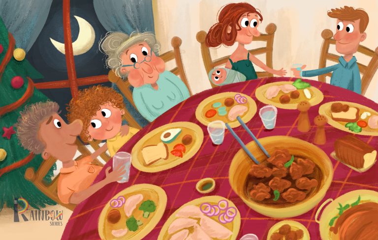 Children’s book illustration of a family of three generations gathered around a full dinner table at night