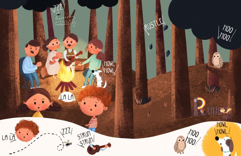 Wide children’s book spread of children gathered around a campfire at night in a dark forest, with a dog and a hedgehog