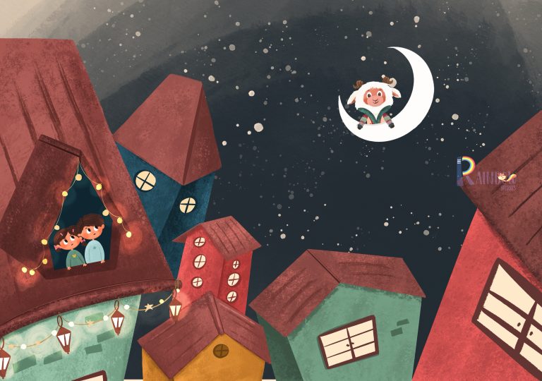 Night-time children’s book illustration of a child sitting on a crescent moon above lit rooftops