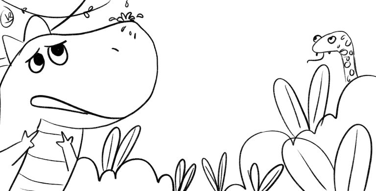 Storyboard sketch for a children’s book showing a dinosaur’s head close up, with a small creature on a plant beside it