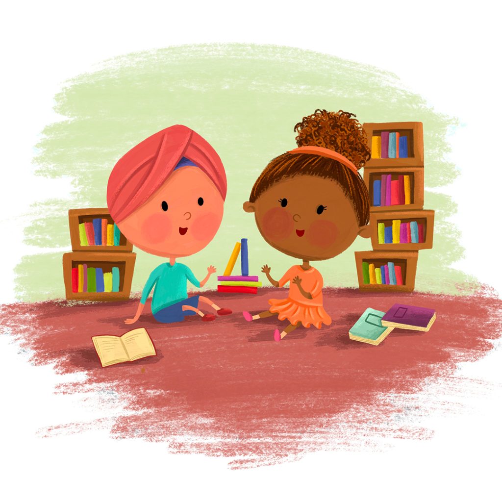 Textured children’s book illustration of two children playing with a toy boat and crayons among low bookshelves
