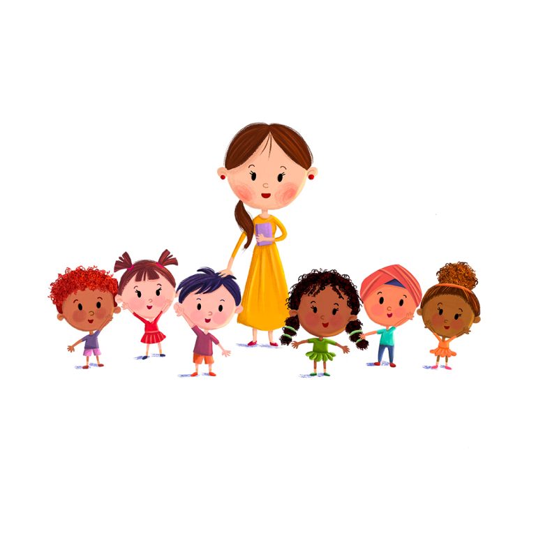 Character line-up for a children’s book showing a teacher and seven children of different backgrounds together