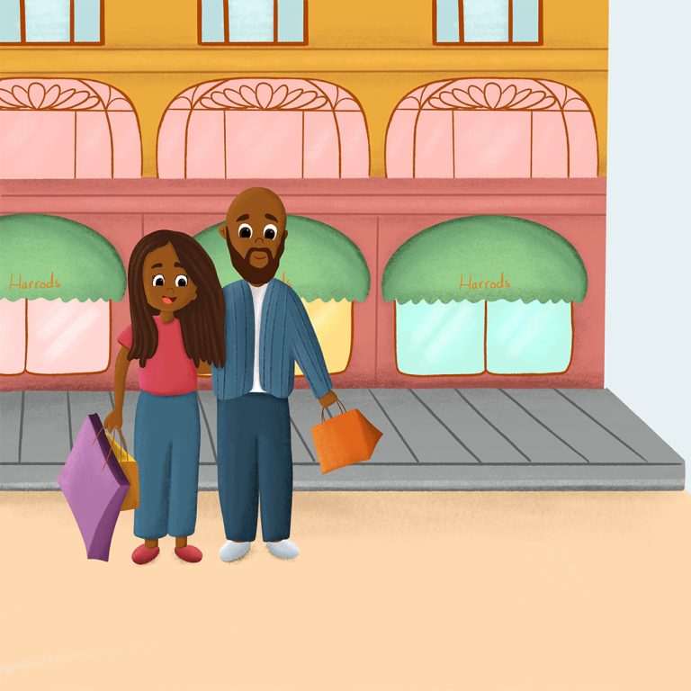 Children’s book illustration of a mother, father and small girl with shopping bags outside a pink shopfront
