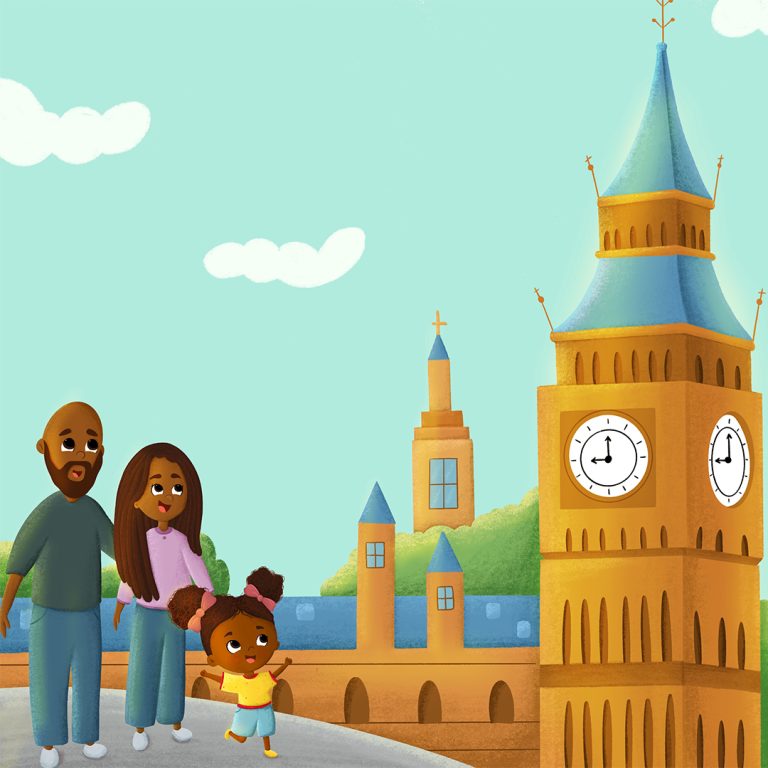 Children’s book illustration of a family of four walking in front of Big Ben and the London skyline