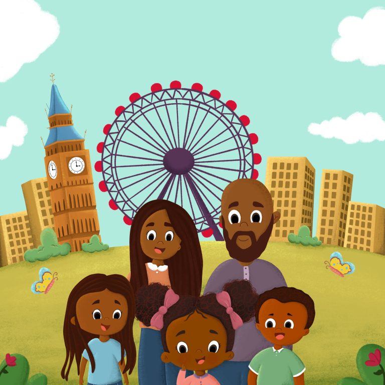 Children’s book cover illustration of a family of five in front of a city skyline with a Ferris wheel and clock tower
