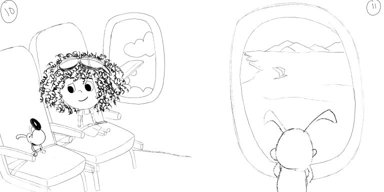 Storyboard sketch for a children’s book showing a girl looking out of an aeroplane window, with a close-up panel beside it