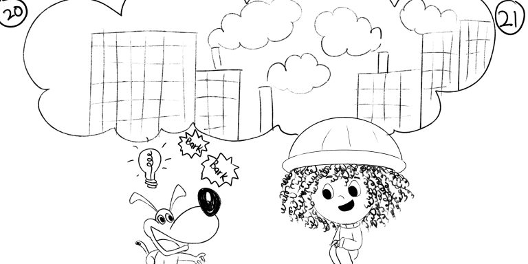 Storyboard sketch for a children’s book showing a girl in a hat with a small creature, the city drawn in a thought cloud above