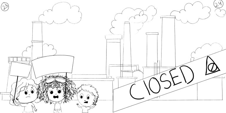 Storyboard sketch for a children’s book showing three children at a dockside gate marked Closed, with a ship behind