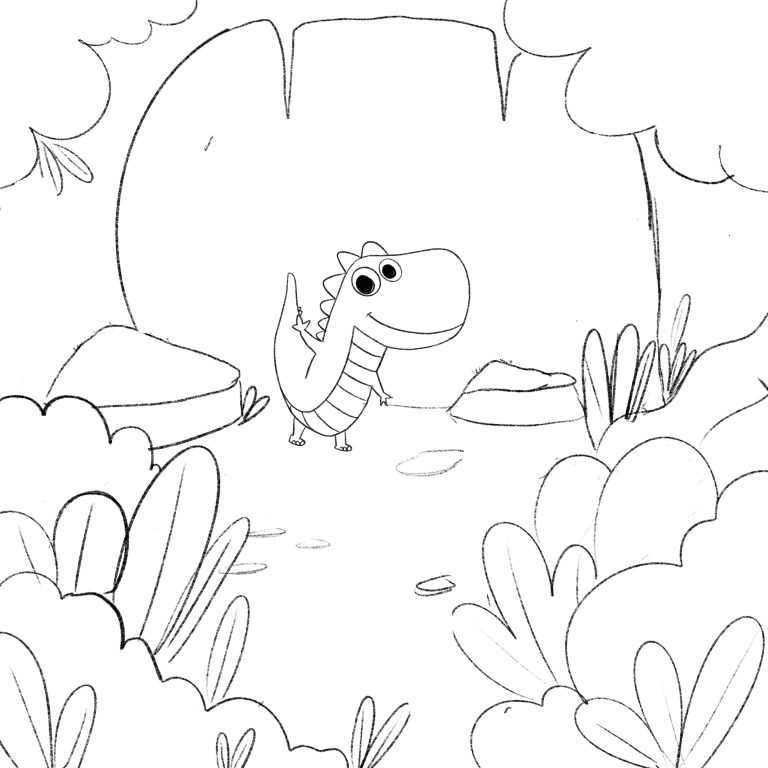 Storyboard sketch for a children’s book showing a small dinosaur beside a cave in a wide valley
