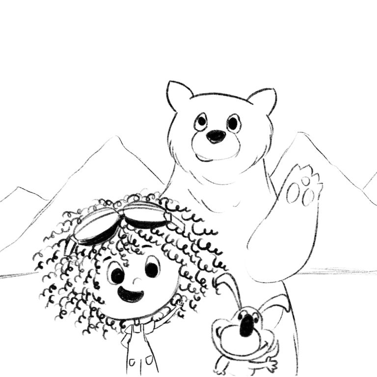 Storyboard sketch for a children’s book showing a girl with curly hair beside a large waving bear, mountains behind