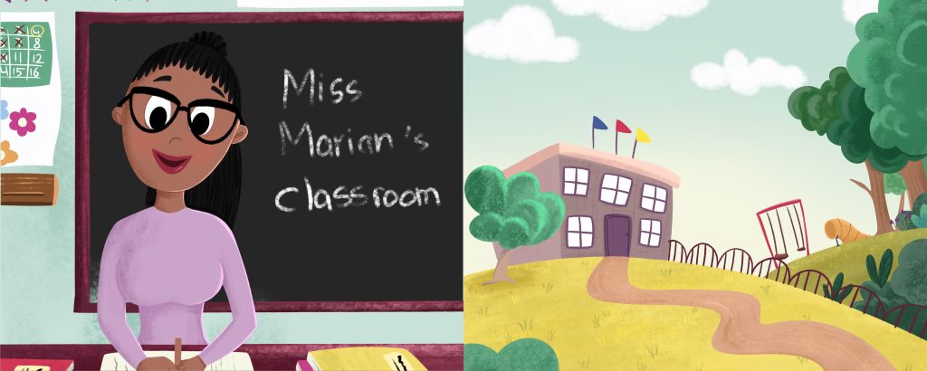 Children’s book spread of a teacher at a blackboard in Miss Marian’s classroom, with the schoolhouse and path outside