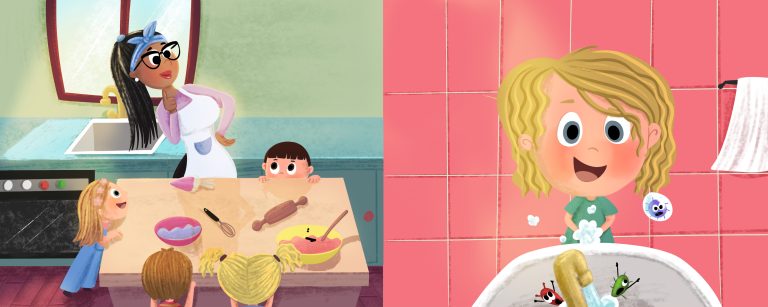 Two-panel children’s book illustration of a mother serving breakfast and a child washing hands at the bathroom sink
