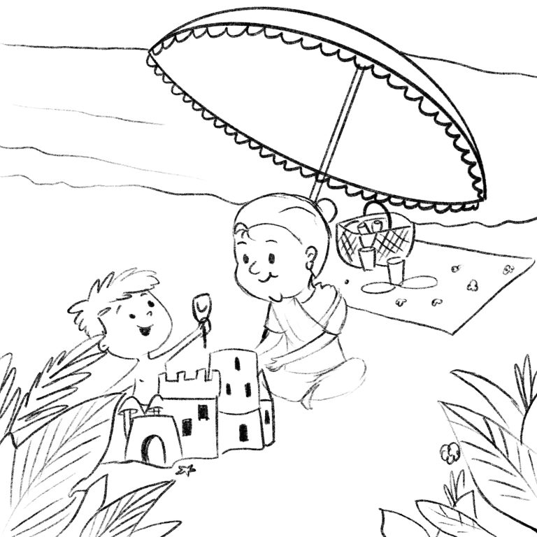 Storyboard sketch for a children’s book showing a boy building a sandcastle beside a grandmother under a parasol