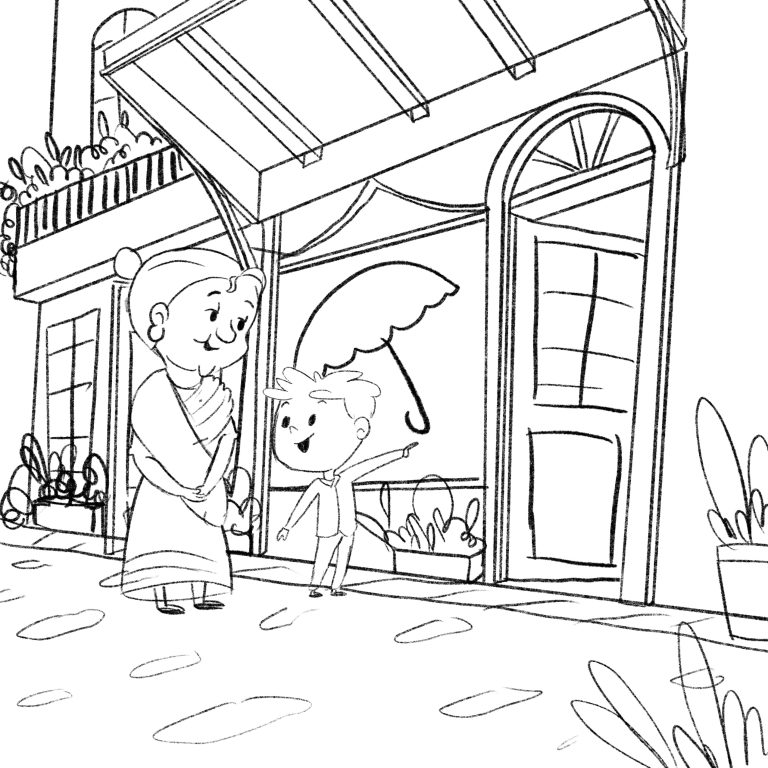Black and white line sketch for a children’s book showing a woman with an umbrella and a dog outside a shopfront