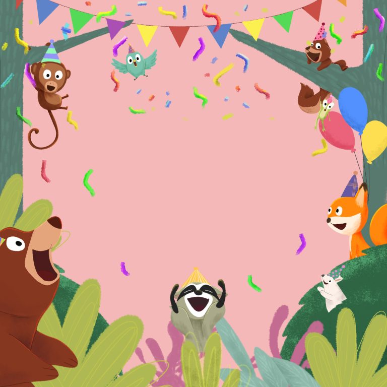 Children’s book cover illustration framing a blank centre with jungle animals, bunting and confetti