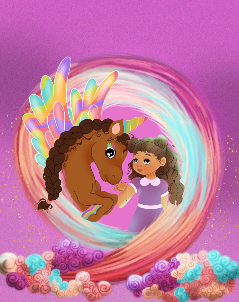 Children’s book cover illustration of a winged horse curving through a rainbow spiral with a girl on its back