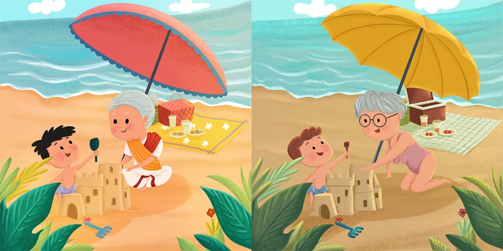 Book Cover Design for a School Project: Simple Ideas to Get Started Two children's book beach scenes with children playing under umbrellas