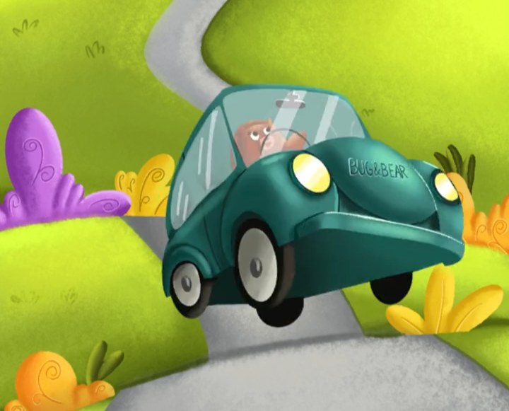 Still from a 2D animation: the Bug and Bear car driving over a hill on a winding road
