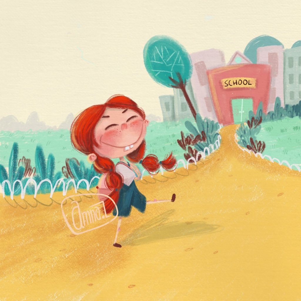 Create a Personalized Children’s Book with Custom Illustrations Children’s book illustration of a red-haired girl in a pinafore skipping along a path towards her school.