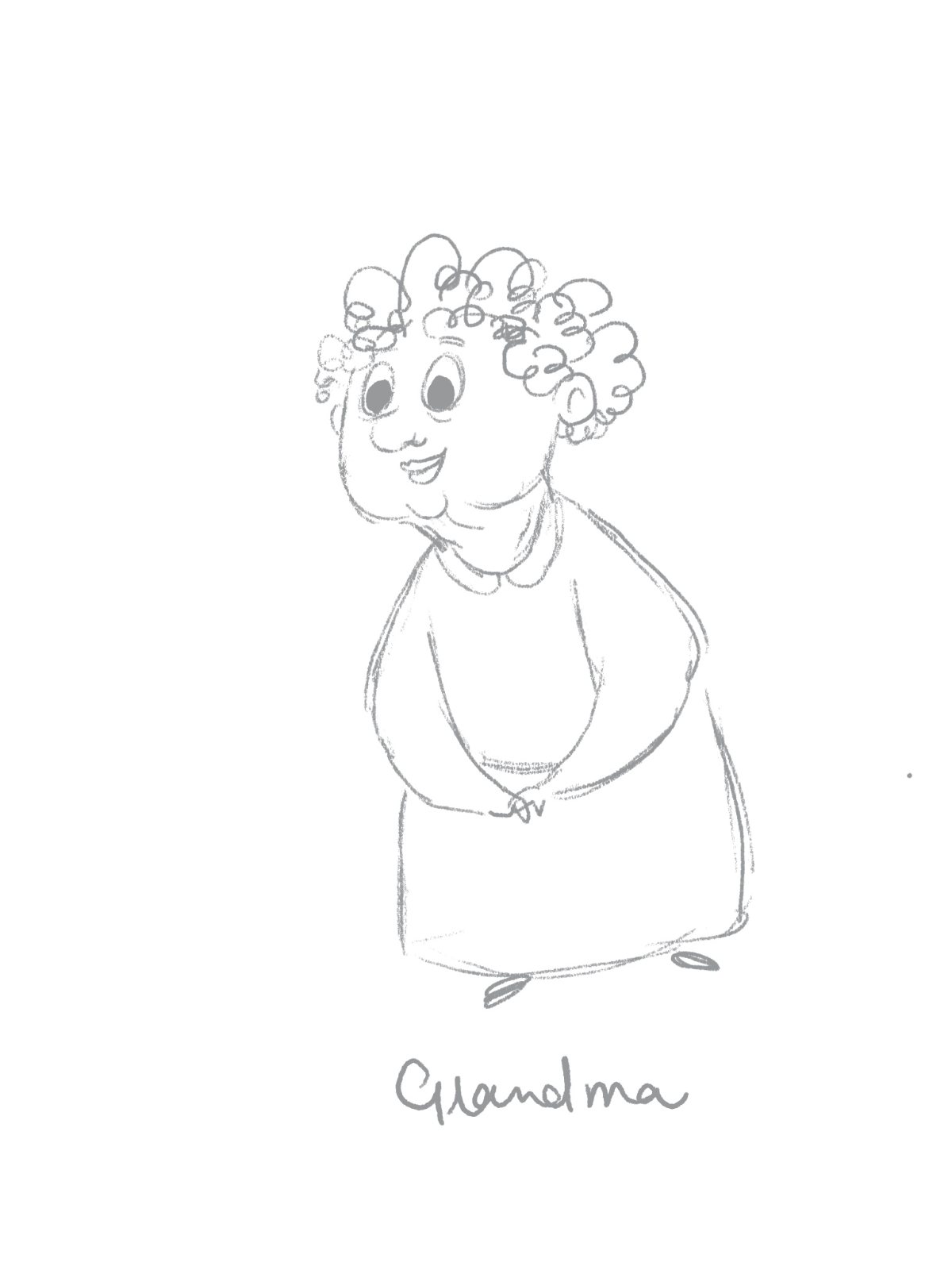 Pencil character sketch of a curly-haired grandmother, labelled Grandma, for a personalised children’s book.